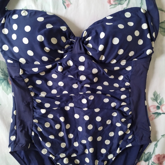 Navy Polka Dot Halter One Piece Swimsuit - Picture 2 of 8